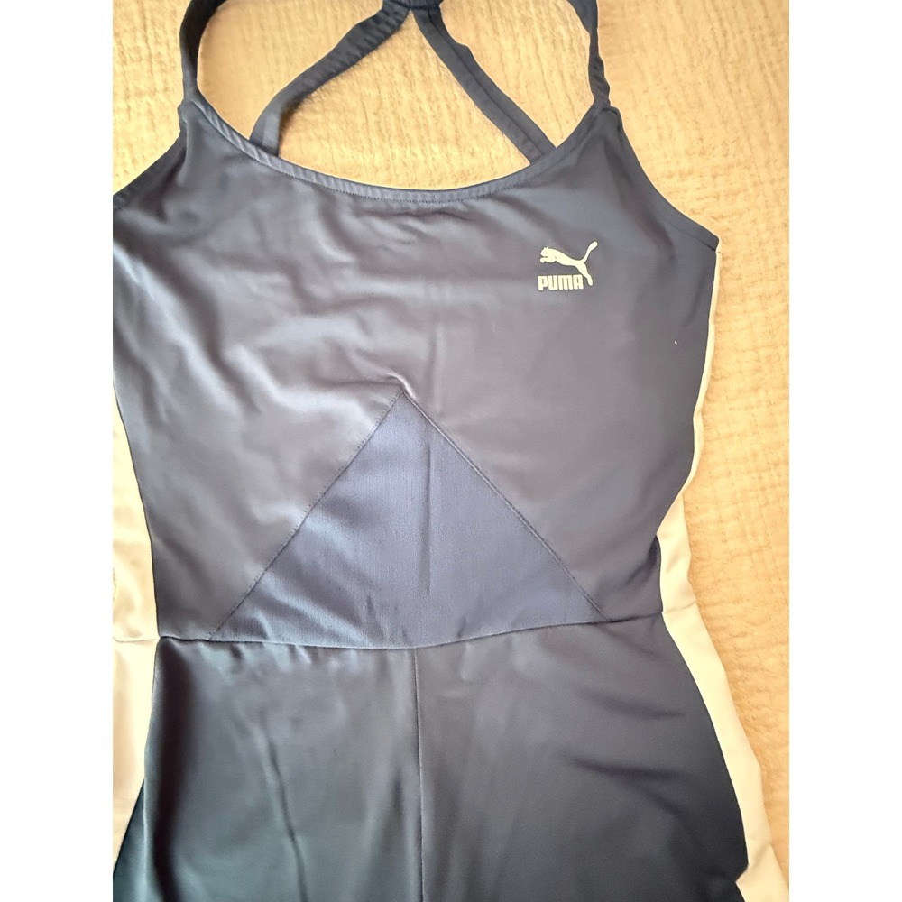 PUMA Womens S Blue White One Piece Unitard Jumpsuit Y2K Athletic Strappy Logo - Picture 7 of 12